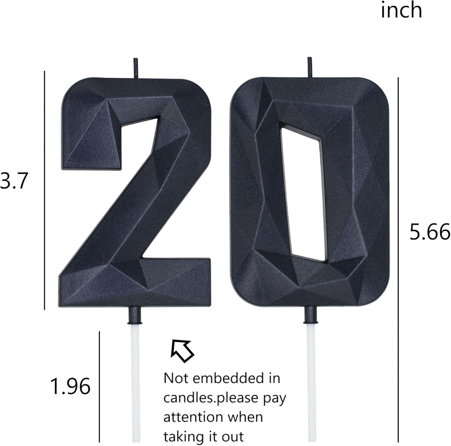 DERVENTA Large Birthday Candle Number 3D Black 3.7 inch Party Celebration Anniversary Decoration Cake Topper 1 Piece (Number 20 Black)