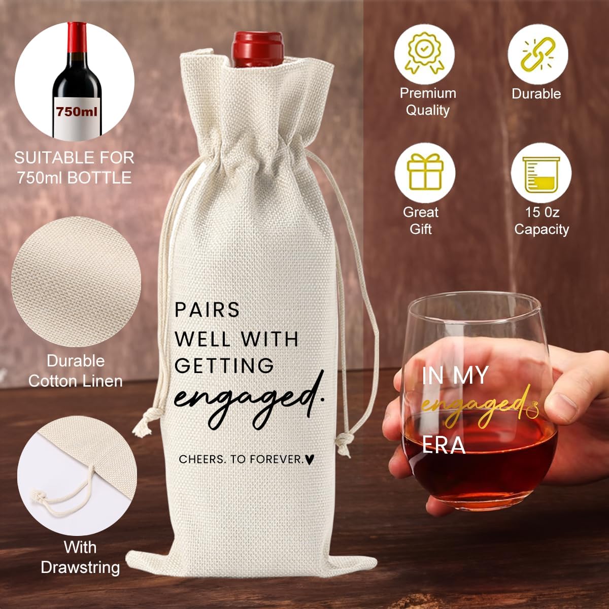 FBCCZEY In My Engaged Era Wine Bag Glass Engagement Gifts for Couples Her Engagement Party Decorations Gifts for Engaged Couple