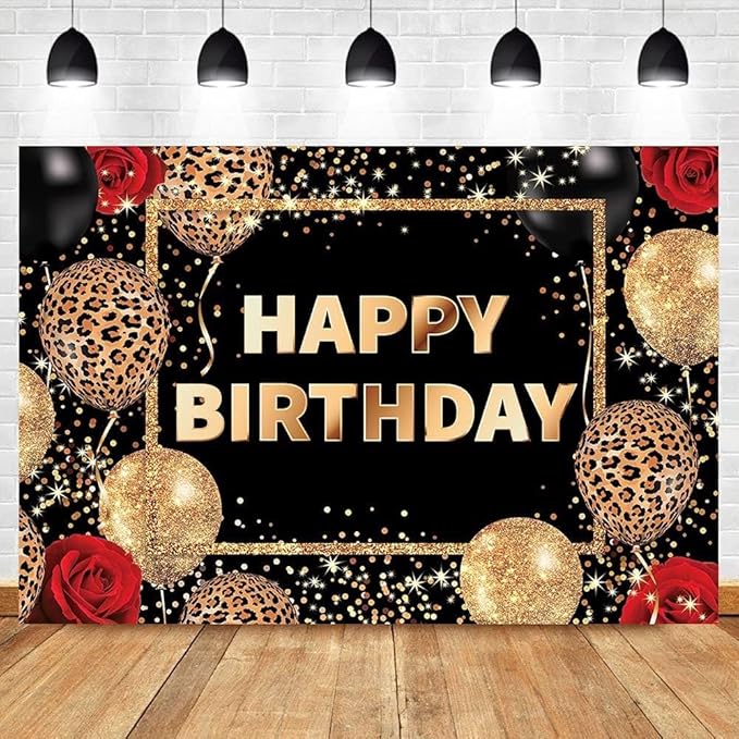 Homewelle Leopard Print Happy Birthday Backdrop 5Wx3H Feet Polyester Fabric Black Gold Red Cheetah Print Banner for Woman Girls Decoration Balloon Rose Cool Photography Background Photo Shoot Props