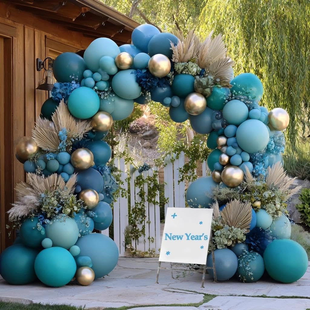 Teal Blue Gold Balloons Double Stuffed Latex Dusty Blue Turquoise Balloon Different Sizes Teal Gold Balloon Garland for Birthday Wedding New Year Anniversary Baby Shower Ocean Party Decor
