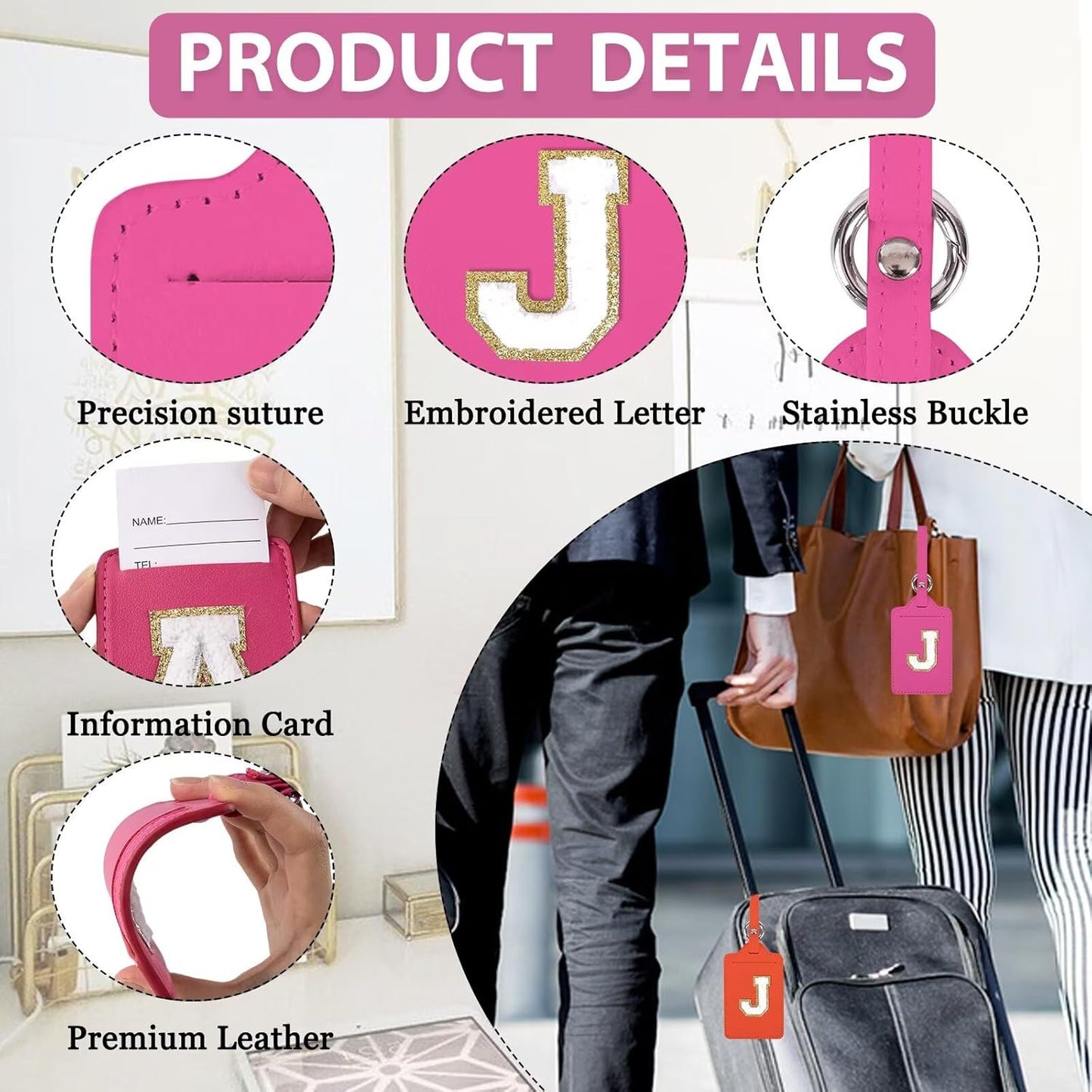 Personalized Initial Luggage Tags for Suitcases, Leather Chenille Letter Cute Luggage Tags with Privacy Name Card, Embroidered Travel Bag Backpack Tags Gifts for Women Kids Girls Teens(Rosered-J)