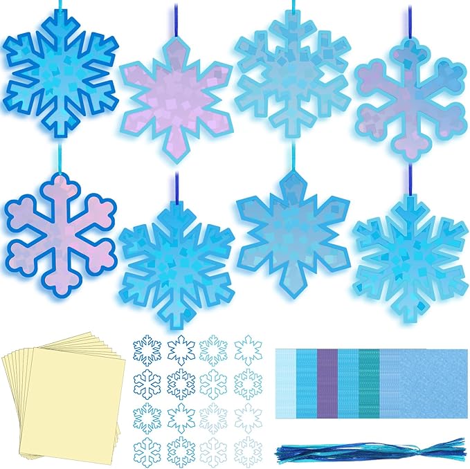 Motipuns 32 Pcs Winter Snowflake Suncatcher Ornament Craft Kit with Blue Ribbon, Christmas Window Art Decoration DIY Ornament Set for Adults Winter Activity
