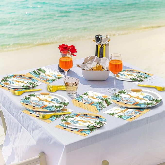 96Pcs Summer Beach The Big One Party Supplies Boy Surfing First Paper Plates Napkins The Big One Birthday Party Decorations 1st Birthday Dinnerware Party Favor Beach Hawaiian Tableware Serves 24