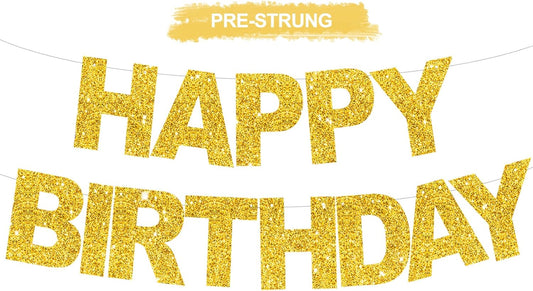 BEISHIDA Gold Happy Birthday Banner - Pre-Strung, No DIY, Birthday Sign - Banner for Women, Kids Decor, Backdrop