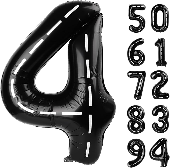 Race Car 4 Balloon, Number Balloons 40 Inch, 4th Black Party Decorations, Racecar Birthday Decorations Four Large Numbers for Party Decor, Number 4 Balloon