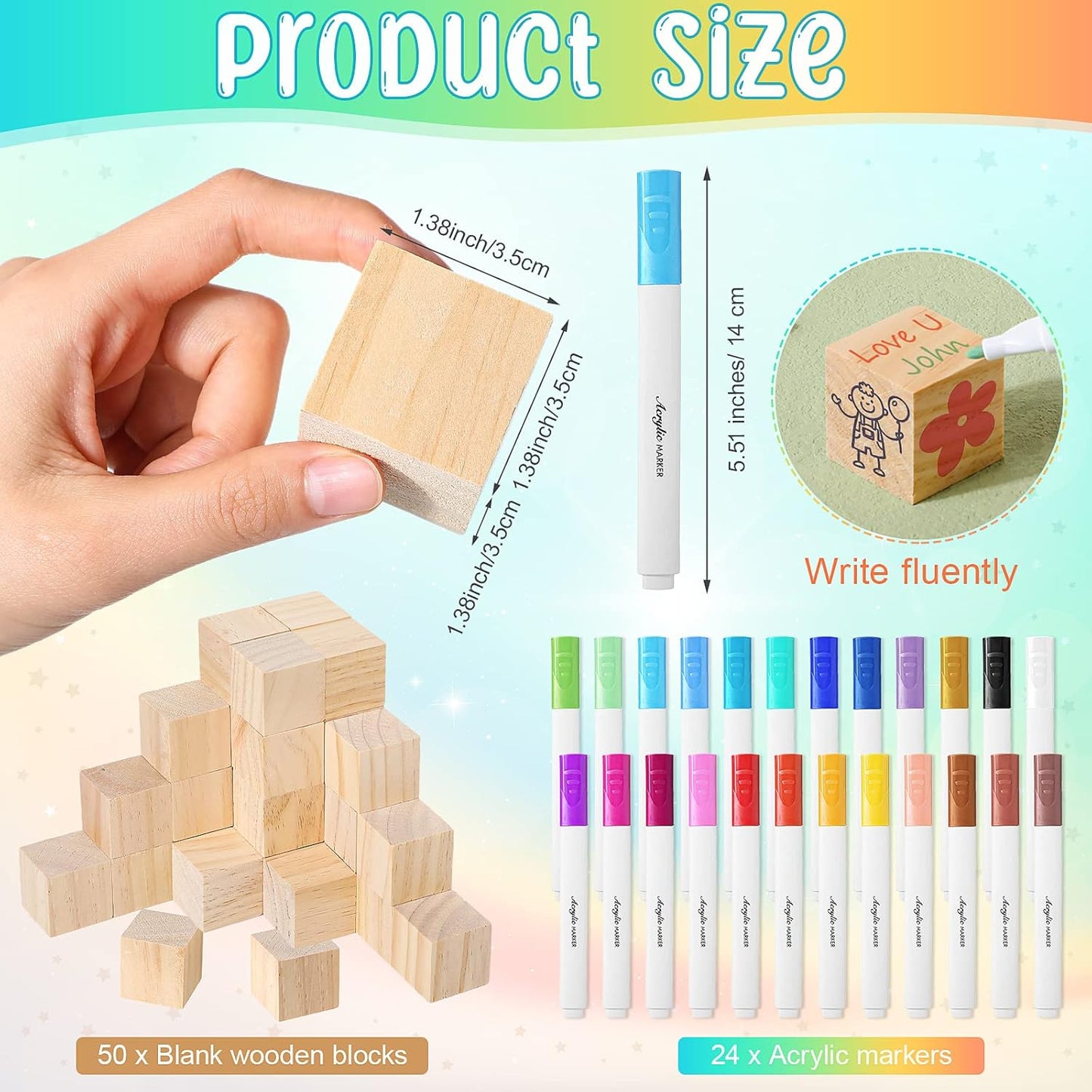 Tatuo 75 Pcs Baby Shower Games Sign Kit Including Decorate a Block Game Sign 50 DIY Wooden Block 24 Acrylic Paint Marker Baby Shower Prize for Gender Reveal Party(Boho)