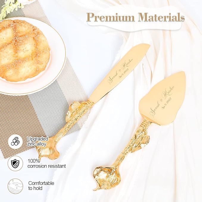 TUKDAK Cake Cutting Set for Wedding, Personalized Gold Cake Knife and Server Set, Custom Cake Serving Set, Engraved Pastry Pie Server Cake Pizza Cutter, Birthday Bridal Gift (CUS-Rustic)