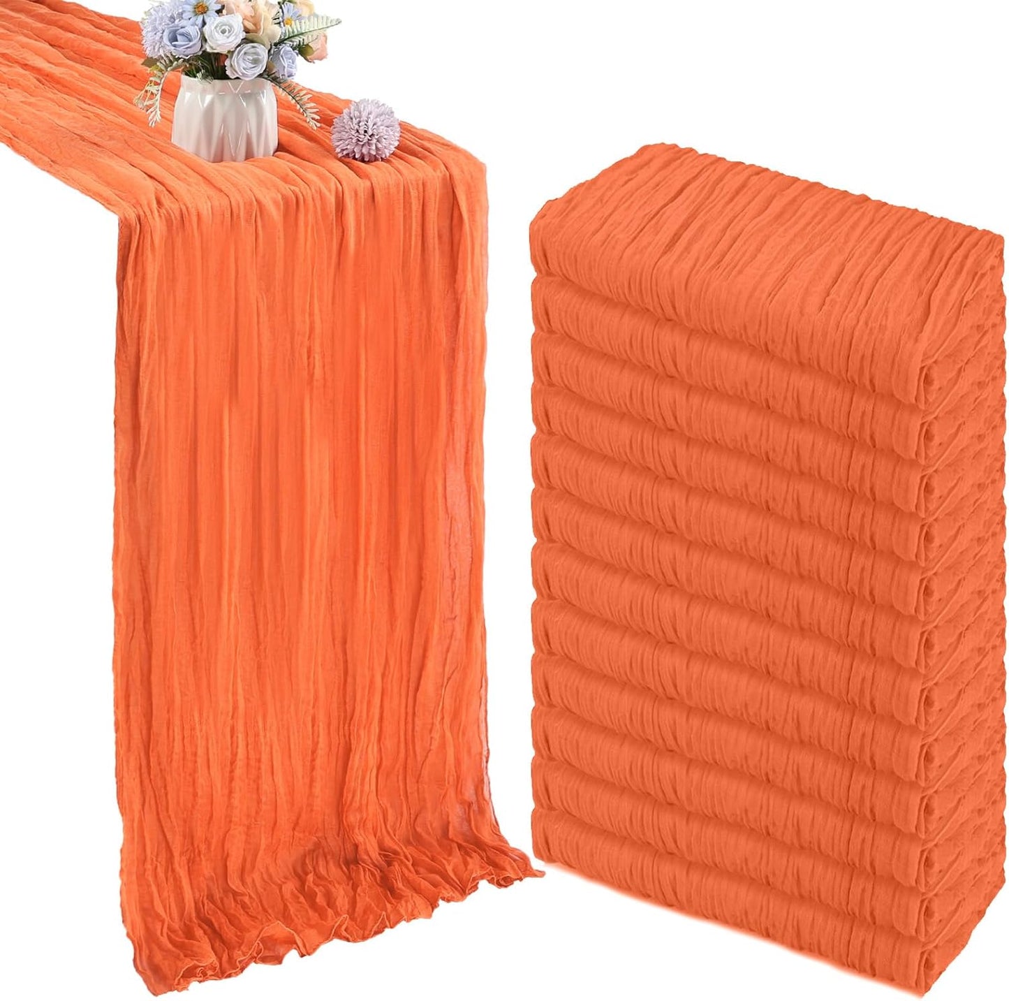 12 Pack 10FT Fall Table Runner Orange Cheesecloth Table Runner 35x120 Inch Gauze Rustic Boho Cheese Cloth for Thanksgiving Wedding Decor Birthday Party Holiday Baby Shower Centerpiece Decoration