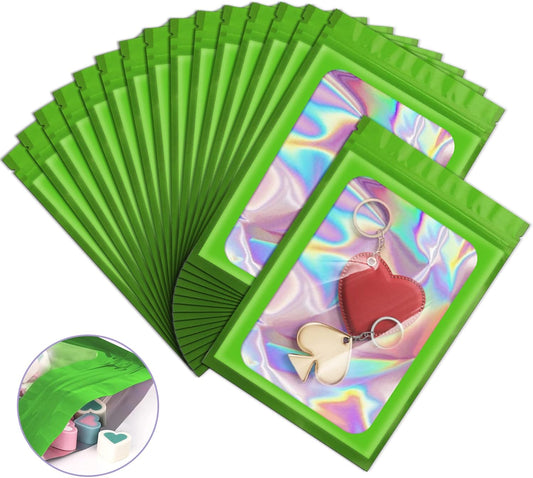 100 Pieces Smell Proof Mylar Resealable Bags, Holographic Packaging Bags, Resealable Odor Foil Pouch Zip Bag with Clear Window for Food Storage and Lipgloss, Jewelry Lash (Green, 5.1 x 8.3 Inch)