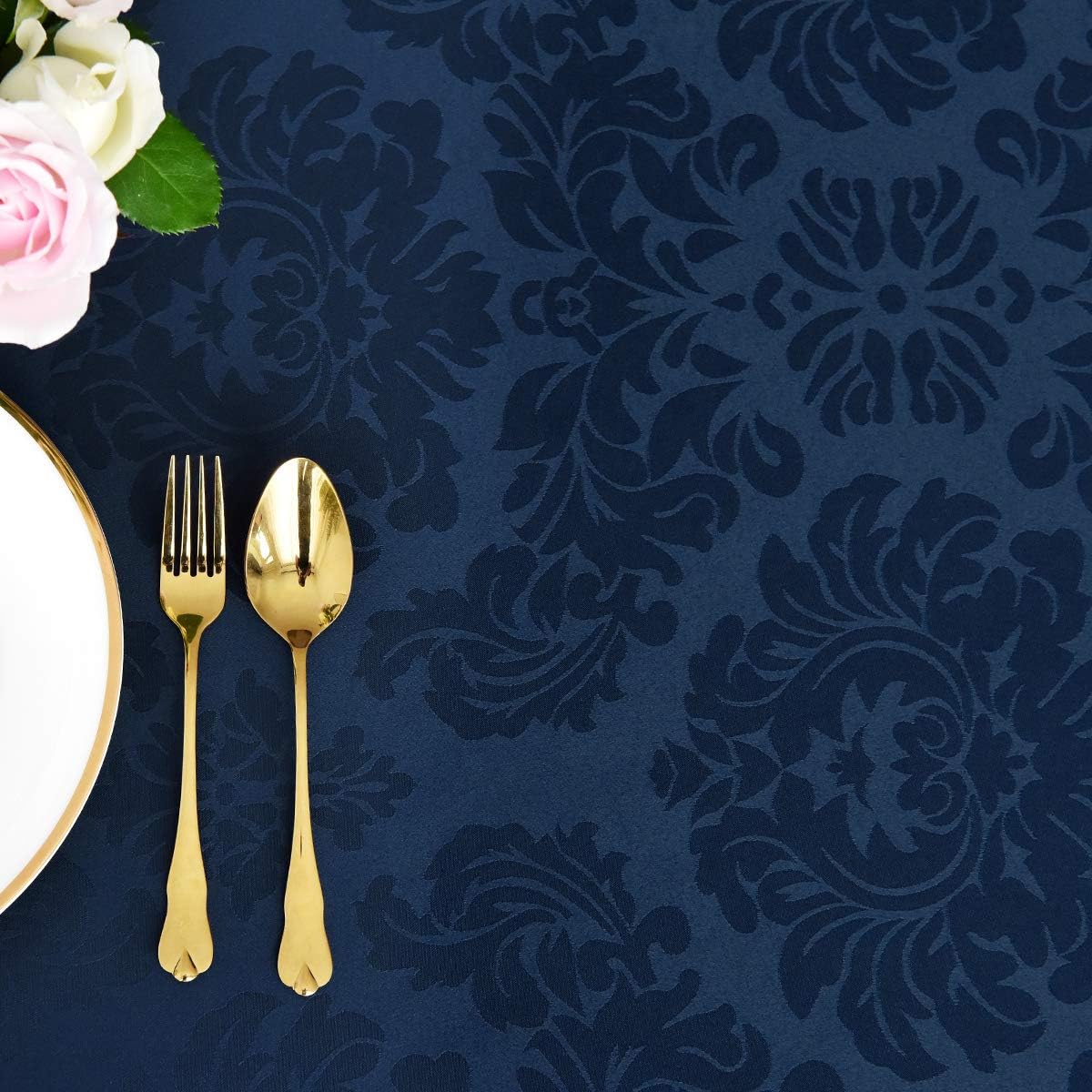 maxmill Square Tablecloth Damask Design Water Resistance Antiwrinkle Heavy Weight Soft Table Cloth for Buffet Banquet Parties Event Holiday Dinner Square 70 x 70 Inch Navy Blue