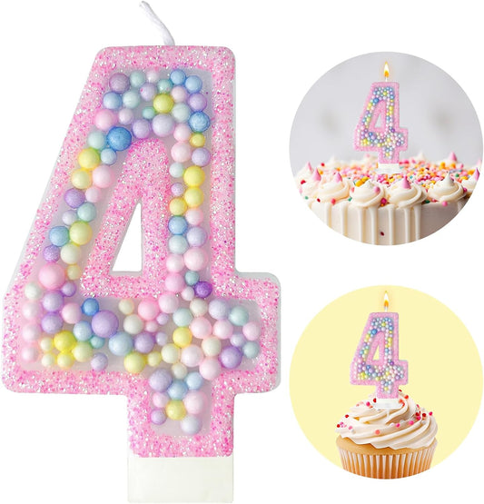 Zlongron Birthday Number Candles, Handmade Macaron 3D Flash Number 4 Candle, Suitable for Girls and Boys' Birthdays, Weddings, Anniversaries, Theme Party Cake Decorations
