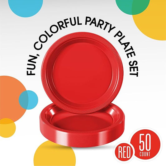Exquisite Party Solids Red Plastic Plates For Party Supplies 10" Red Disposable Plates Heavy Duty 50 Pcs Plastic Dinnerware Sets Heavy Duty 350 GSM Disposable Dinnerware Set