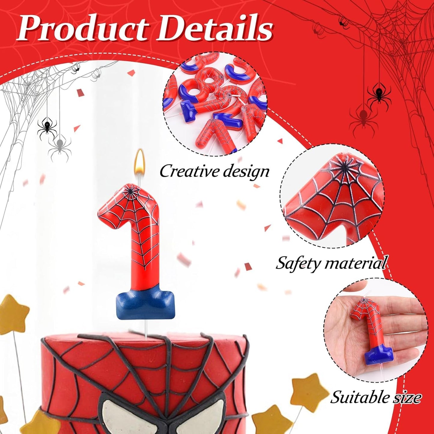 Spider Themed Birthday Candles Number 1 Candle Birthday Cake Candles Party Decoration Cake Topper for Spider Party Decoration Theme Party Supplies (Number 1)