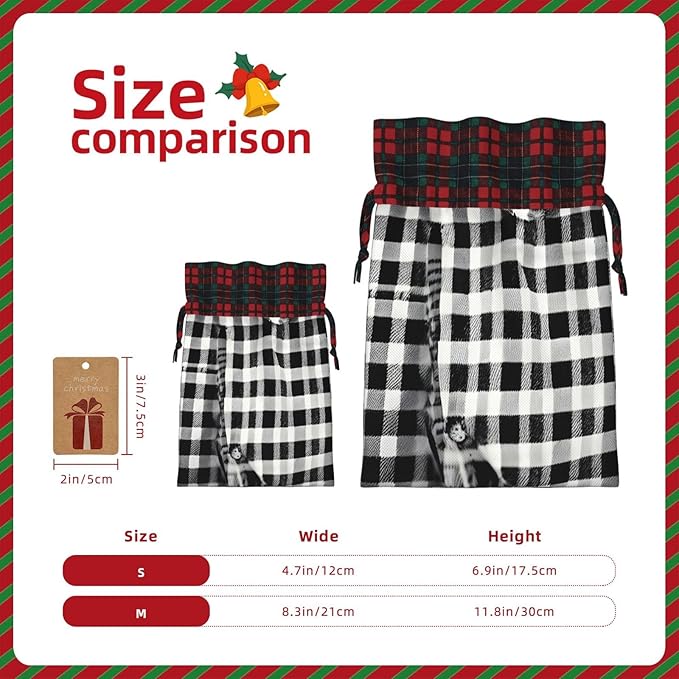 PULaif Black And White Plaid Christmas Drawstring Gift Bags, Large Size Christmas Bags For Gifts Party Favors, Xmas Gift Bags