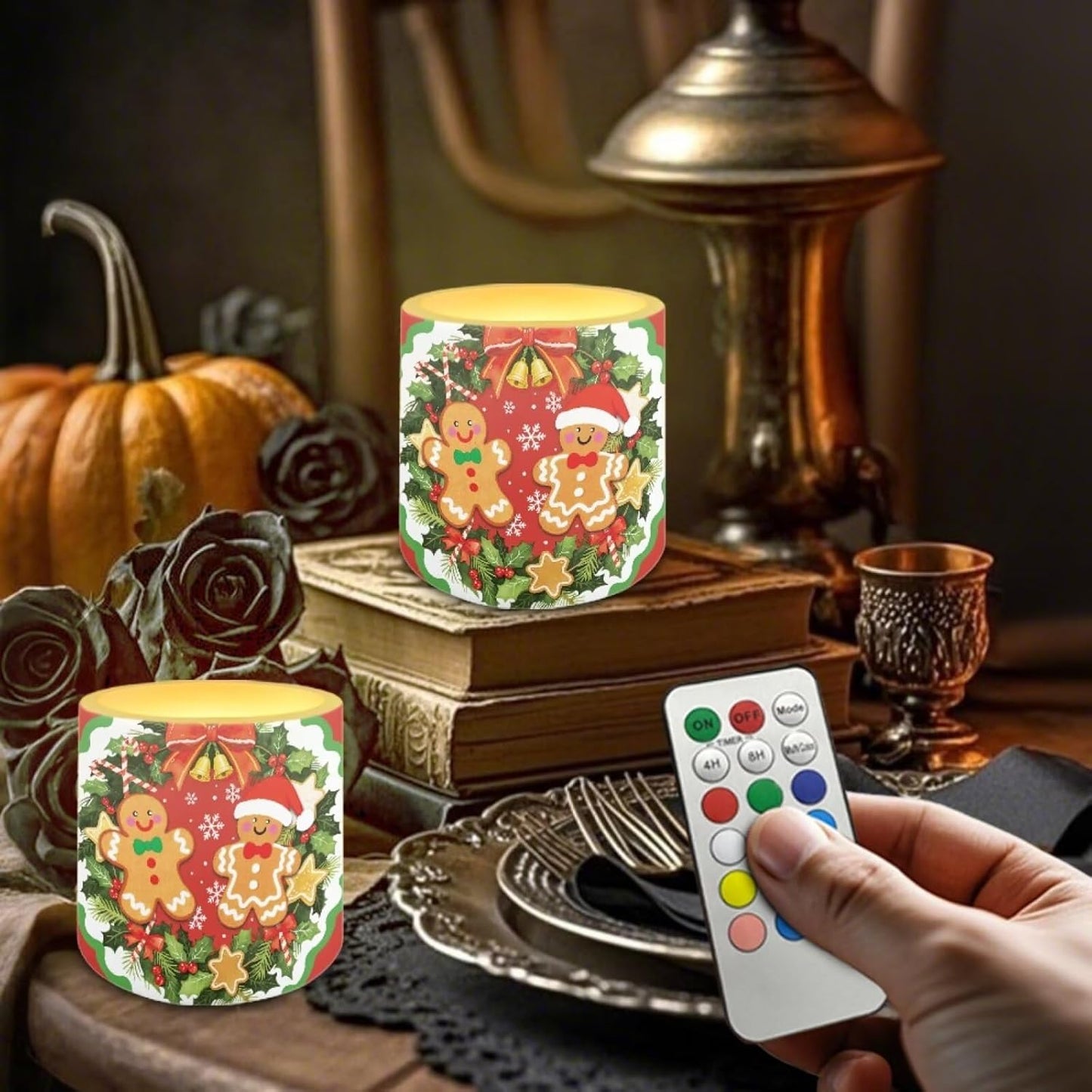 Poceacles Battery Operated LED Candles Set of 4 Remote and Timer Flameless Votive Candles, Christmas Flickering Tea Light for Home Parties Holidays Decor, Gingerbread Man Christmas Wreath Red