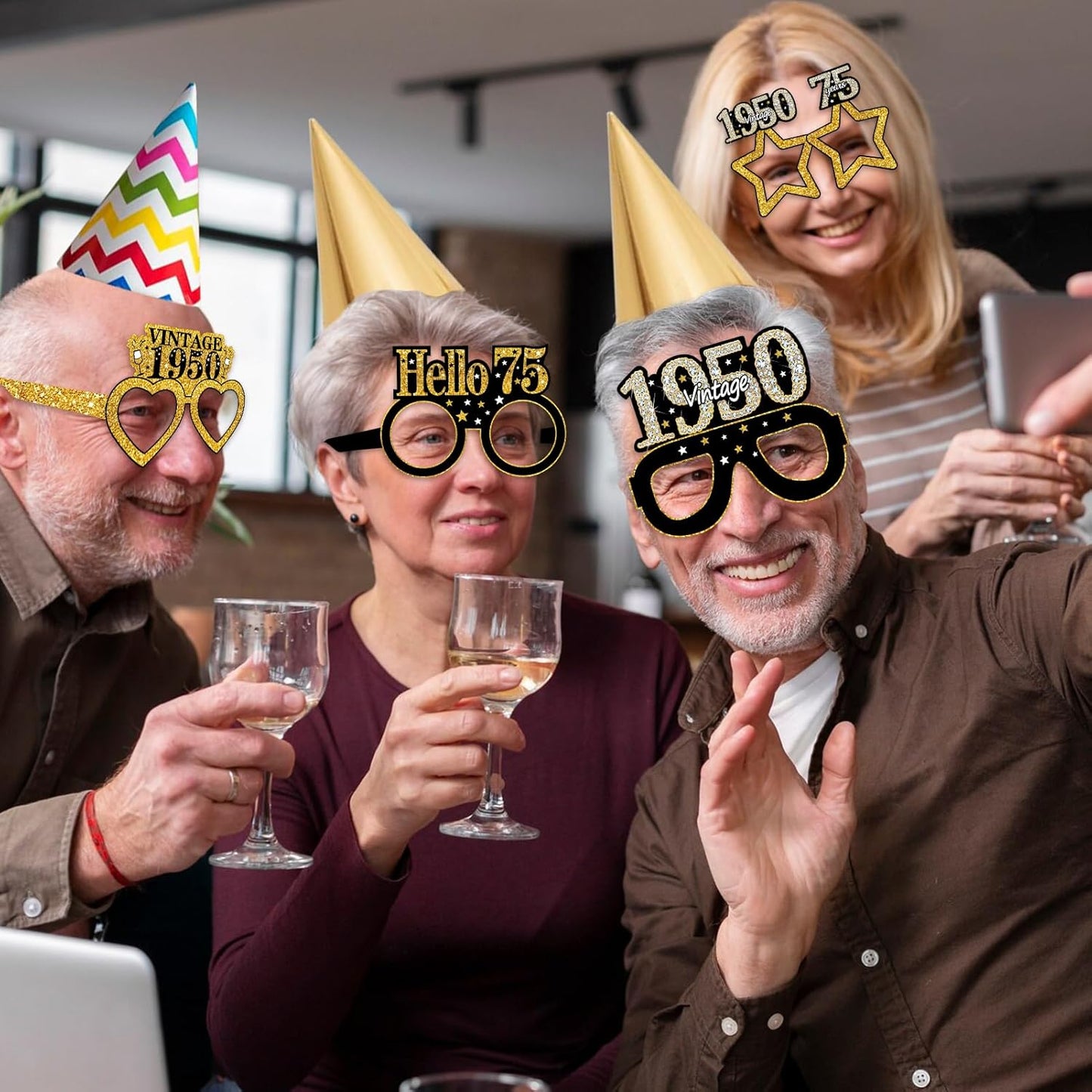 24Pcs 1950 75th Birthday Paper Glasses Decorations for Men Women - Black Gold Happy 75th Birthday Paper Eyeglasses Photo Props, Vintage 1950 Seventy-Five Years Old Birthday Party Supplies