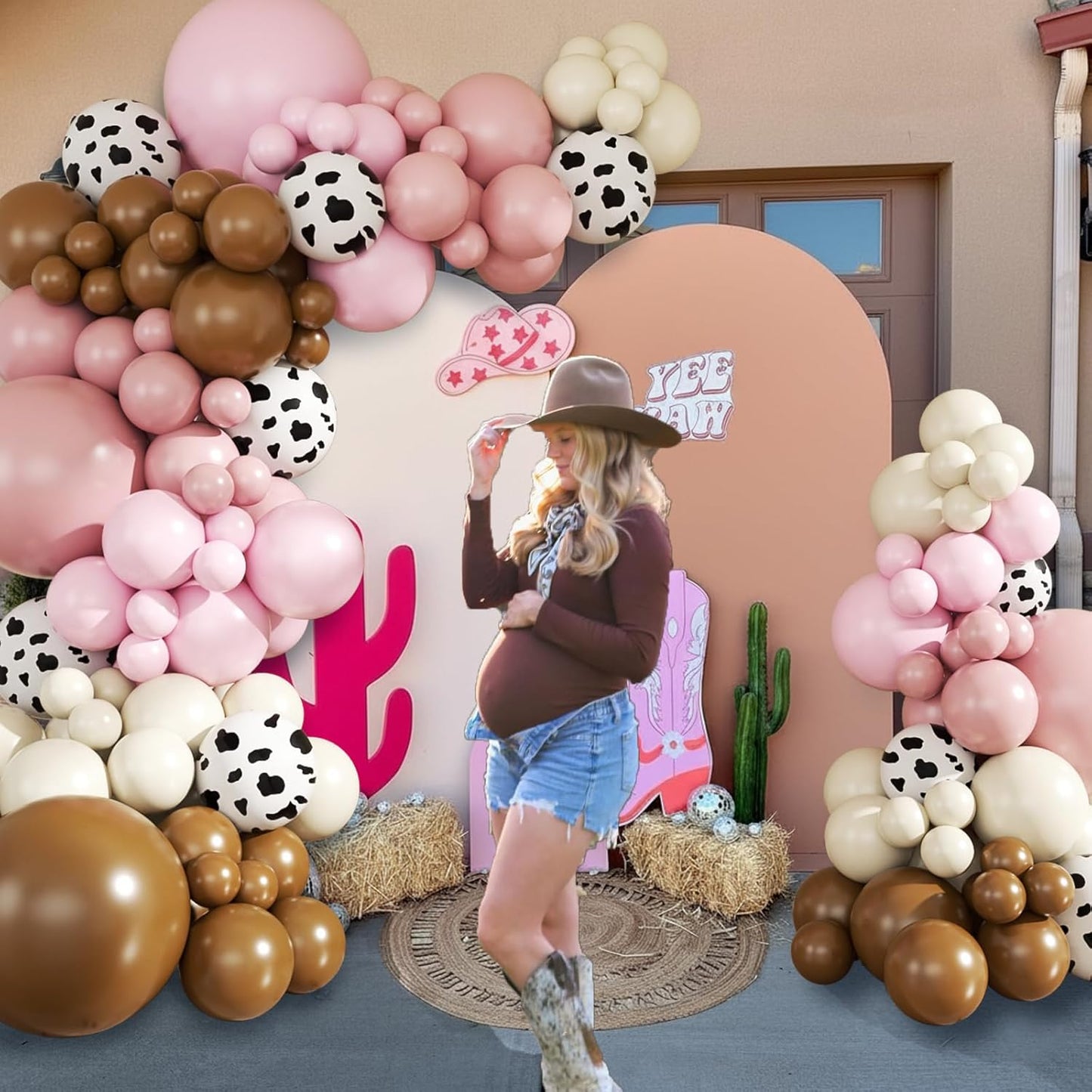 Cowgirl Dusty Pink Cow Balloon Garland Arch Kit, Light Pink Brown Sand White Balloons for Cowgirl Baby Shower Birthday Western Theme Party Decoration