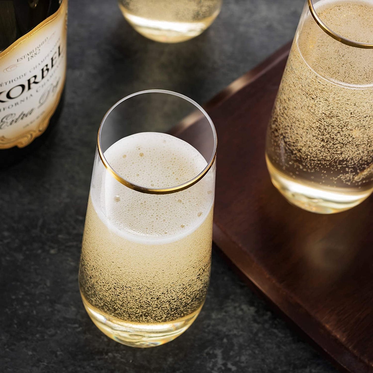 Munfix 12 Pack Stemless Plastic Champagne Flutes, Disposable 9 Oz Gold Rim Clear Plastic Toasting Glasses Shatterproof Recyclable and BPA-Free