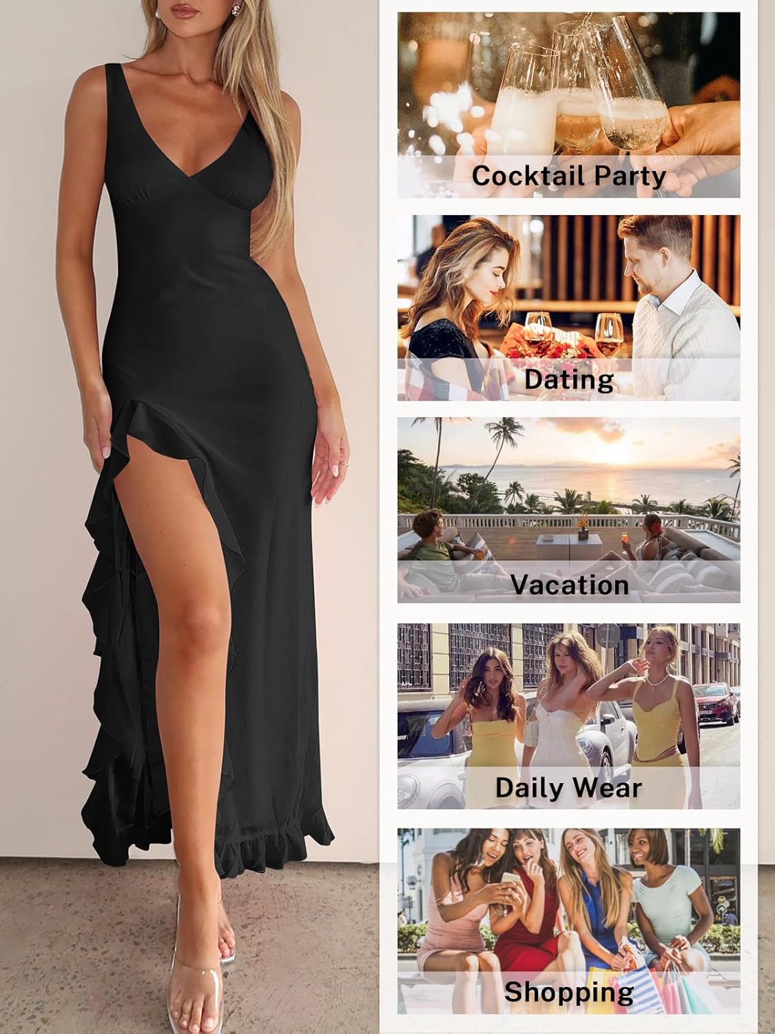 Women Sexy V Neck Sleeveless Mesh Ruffle Hem Bodycon Maxi Casual Backless High Slit Cocktail Party Dress