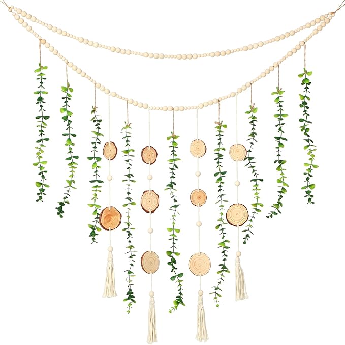 Jetec Hanging Eucalyptus Boho Wall Decor 36 x 36 Inch Boho Wall Hanging Wooden Bead Garland Artificial Greenery Leaves Stems Eucalyptus Garland for Bedroom Living Room Greenery Decoration