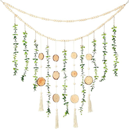 Jetec Hanging Eucalyptus Boho Wall Decor 36 x 36 Inch Boho Wall Hanging Wooden Bead Garland Artificial Greenery Leaves Stems Eucalyptus Garland for Bedroom Living Room Greenery Decoration