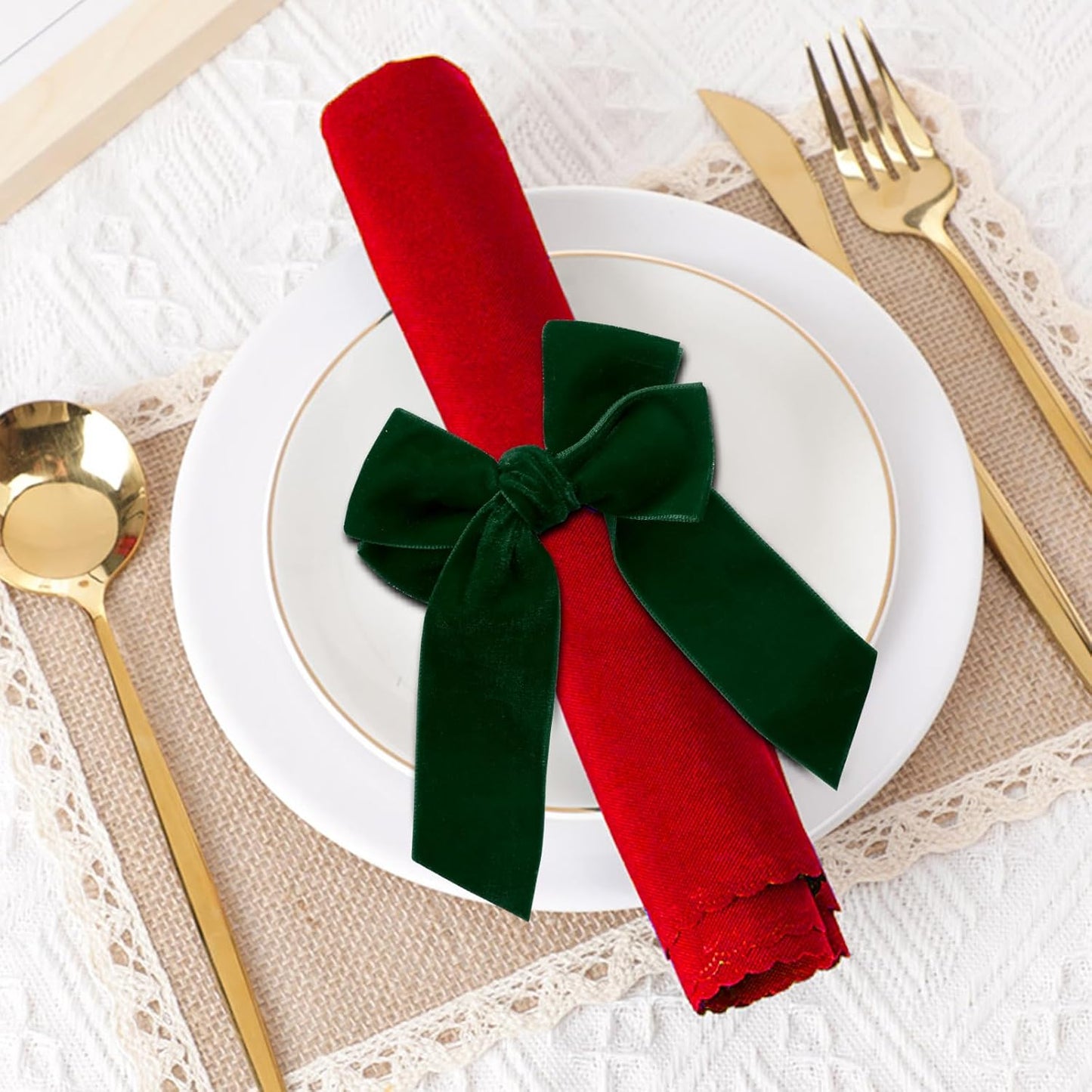 Velvet Bow Napkin Rings, Set of 4 Christmas Bowknot Napkin Holder Ring Dining Table Decor for Xmas Dinner Parties Wedding Holiday Home Table Setting(Green Bow)