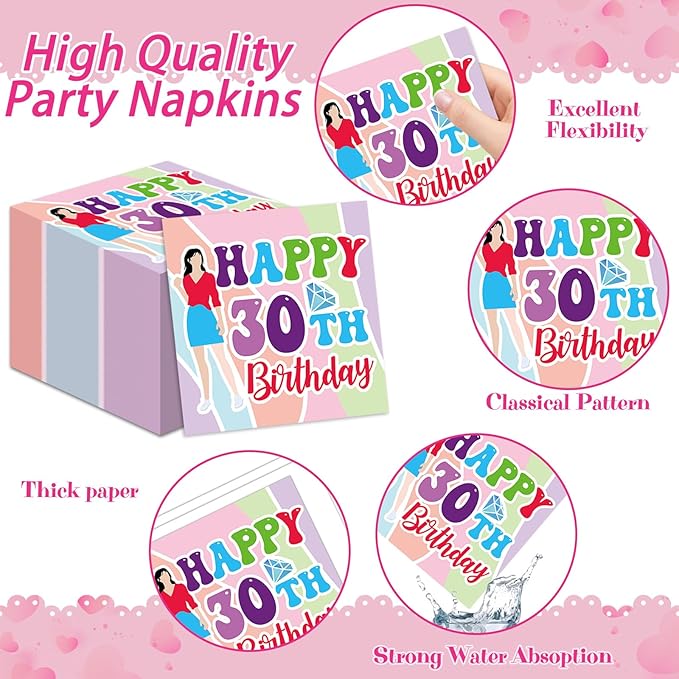 96Pcs Thirty Flirty and Thriving Party Supplies 30 Flirty and Thriving Paper Plates Napkin 30th Birthday Decoration for Her Women Talk 30 to Me 30th Birthday Dinnerware Party Favor Tableware Serves 24
