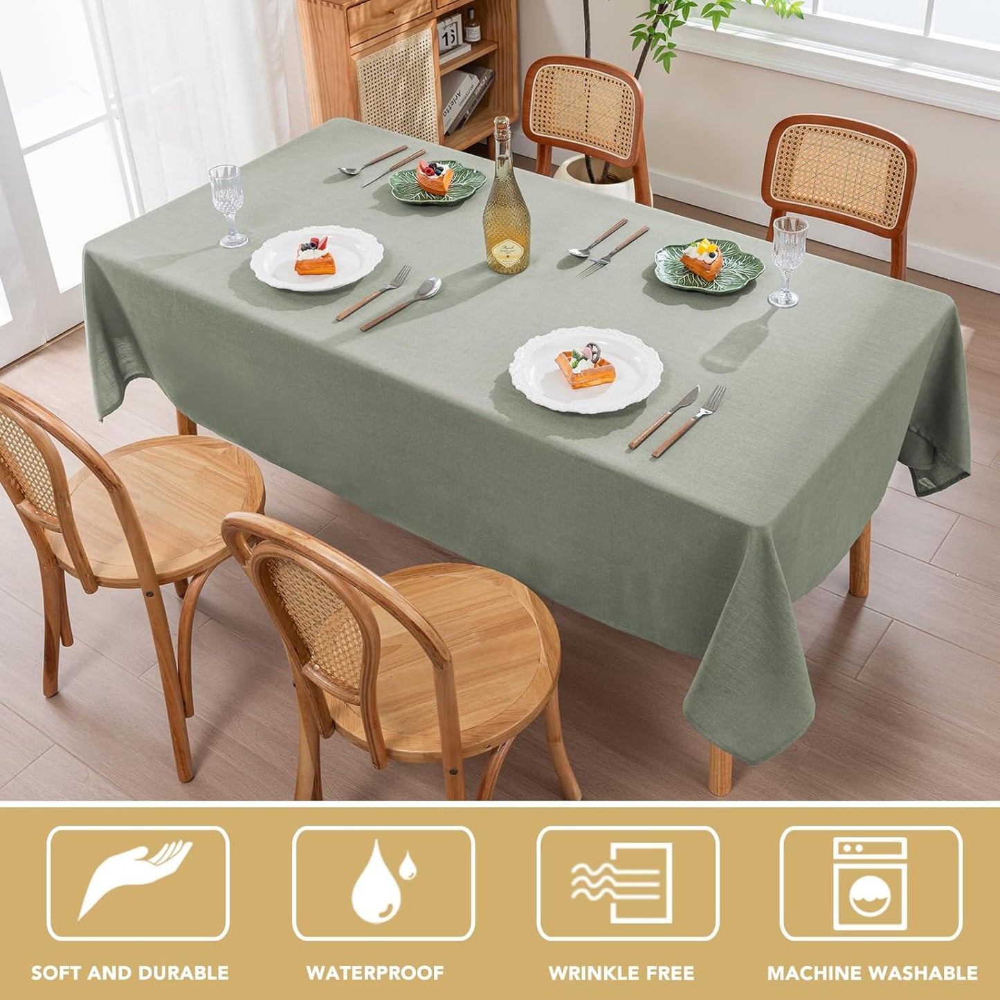 H.VERSAILTEX Linen Table Cloths Square 60 x 60 Inch Premium Tablecloth Spill-Proof Waterproof Table Cover for Dining Buffet Feature Extra Soft and Thick Fabric Wrinkle Free, Sage
