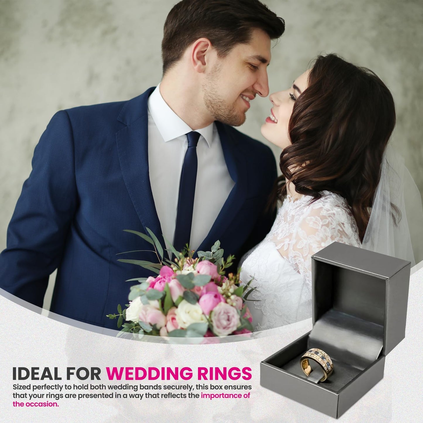 Novel Box Silver Jewelry Box for Rings 2.37x2.37x1.87 Inches - Tab Ring Gift Box for Proposal Wedding Engagement - Faux Leatherette Jewelry Display Box - Gift Presentation Boxes for Rings