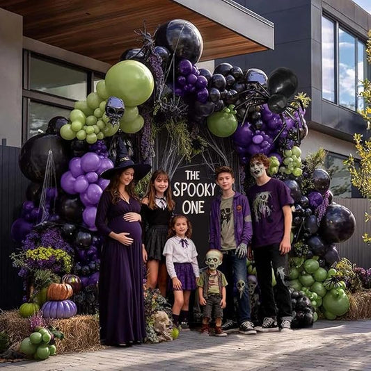 Green Purple Black Balloons Double Stuffed, Halloween Balloon Arch Garland Kit in Dark Purple Dusty Olive Green Color with Black Long Latex for Halloween Birthday Baby Shower Boo Spooky Party Decor