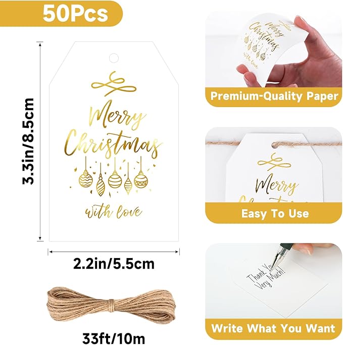 Anwyll Christmas Gift Tags with String - 50Pcs Gold and White Merry Christmas with Love Tags for Gifts Xmas Gift Tag Happy Holidays Hang Paper Label Tag for Present Wrap Goodie Bag Holiday Party Favor