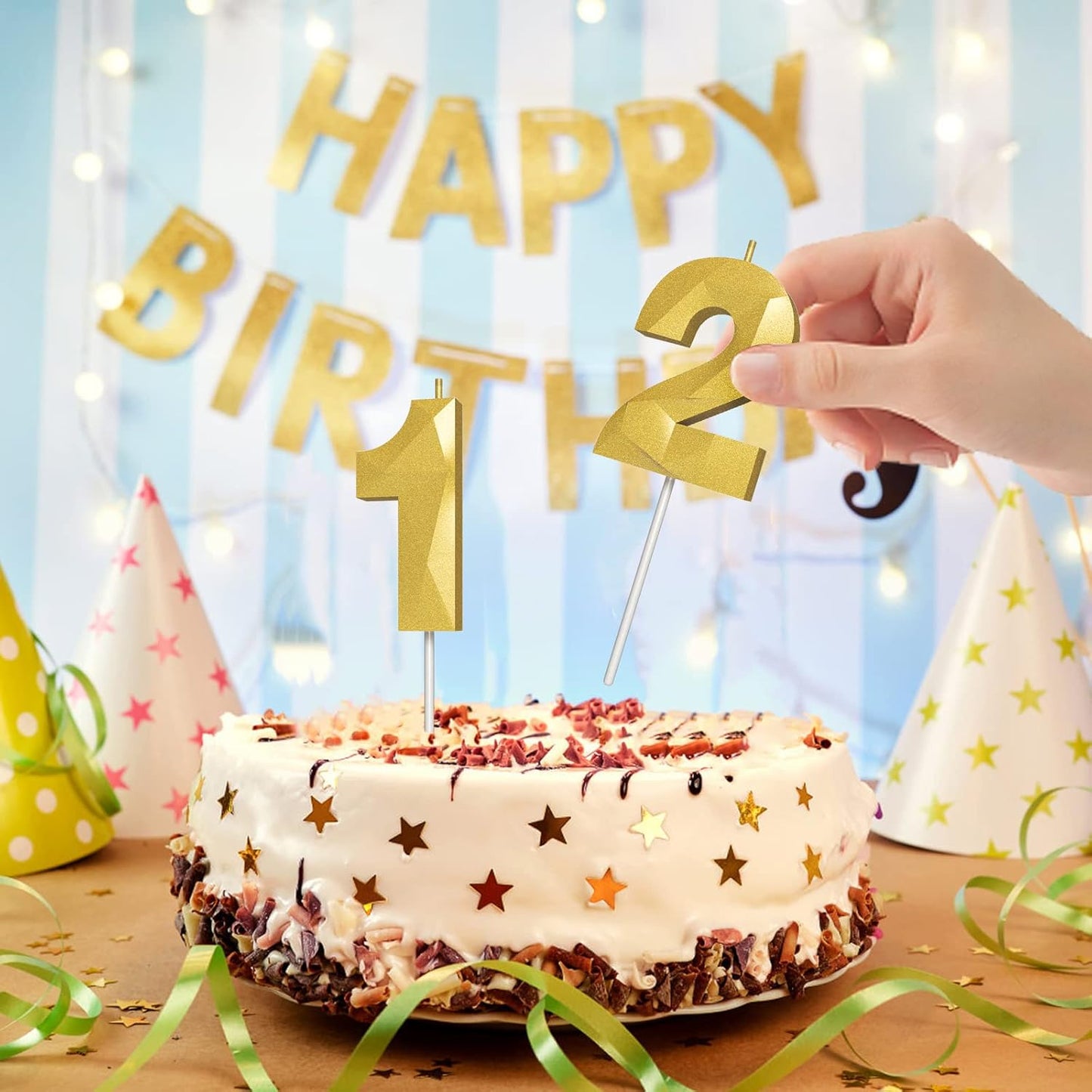 Number Birthday Candles(18 Candle Gold) 3D Diamond Shape Number Happy Birthday Cake Candles for Birthday Party Wedding Decoration Reunions Theme Party