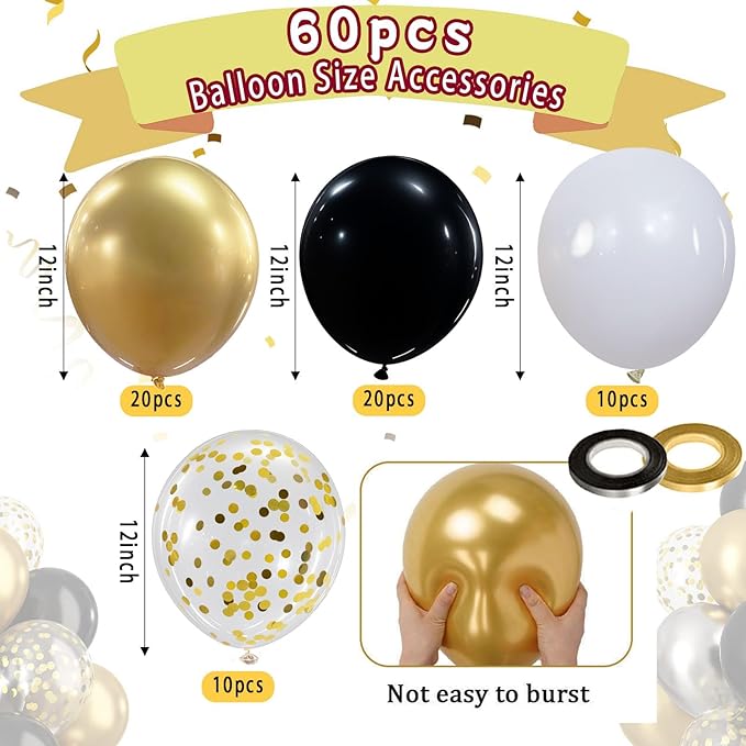 Black and Gold Balloons 60pcs 12Inch Metallic Gold Confetti Black White Latex Balloons for Birthday Graduation Decorations New Year Eve Festival Party Supplies