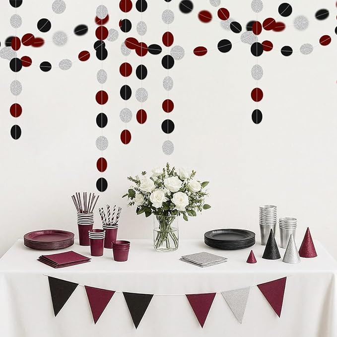 Silver Black and Burgundy-Red Birthday-Decorations - 52Ft Paper Garland Circle Dots Streamers Party Banner Girl Bridal Shower Wedding Bachelorette Engagement Graduation Hanging Decor Hongtongtong