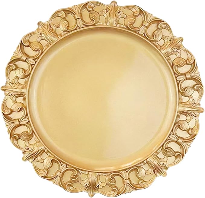 6 Pack Gold Charger Plates 13" Round Charger Plates for Dinning Plates with Embossed Rim Plastic Charger for Dinner, Wedding, Elegant Tableware Decor
