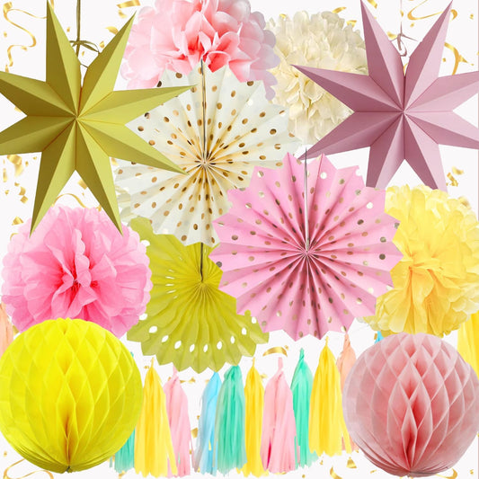 Pink Yellow Party Decorations, Pink Yellow Birthday Decoration,15PCS Pink Decorations for Women Men Girl Boy,Hanging Backdrop Decor for Bear Birthday,Wedding,Winne Baby Shower,Bridal,Garden Party