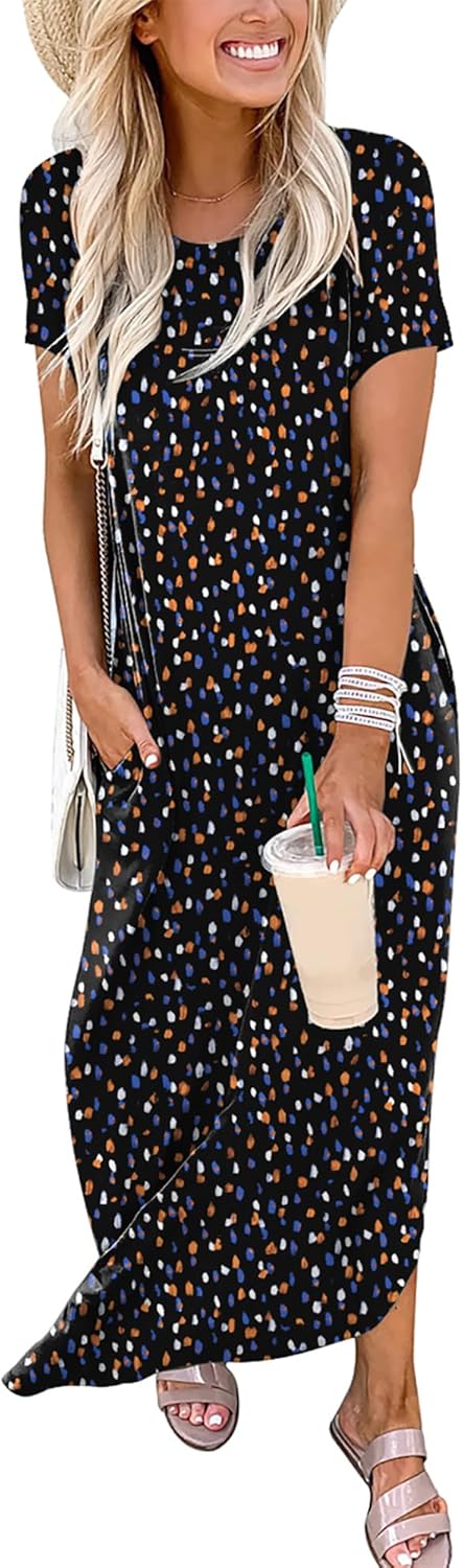 ANRABESS Womens Summer Maxi Dress Short Sleeve Casual Loose Long T Shirt Dresses Split Vacation Beach Sundress Travel Outfits