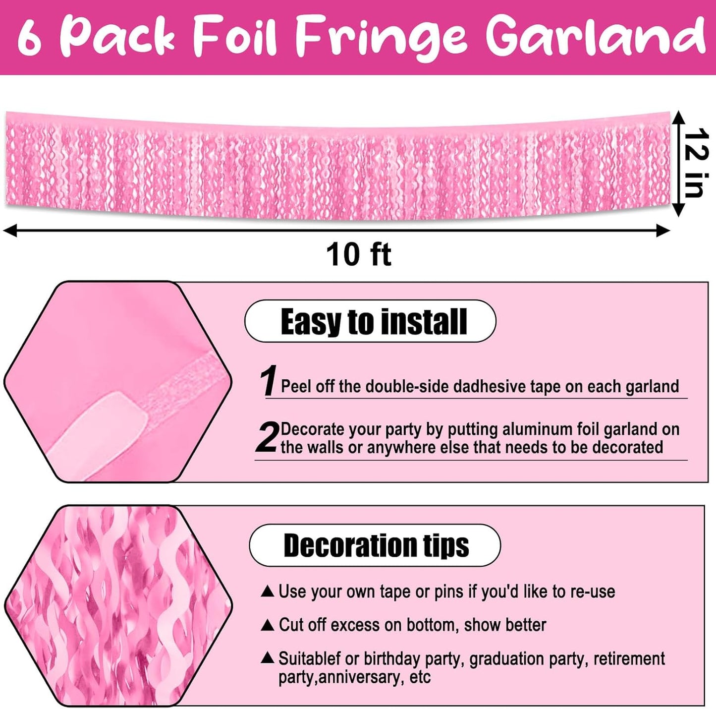 6 Pack 10 Feet Macaron Pink Wave Foil Fringe Garland Metallic Tinsel Streamers Banner Wall Hanging Curtain Backdrop for Parade Floats, Mother's Day, Easter, Wedding, Birthday Party Decoration