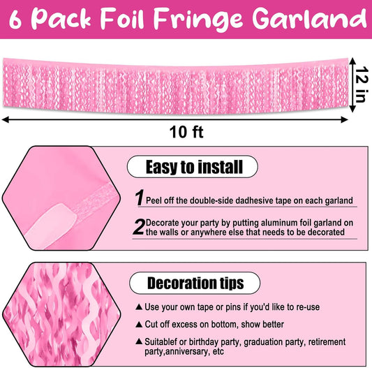 6 Pack 10 Feet Macaron Pink Wave Foil Fringe Garland Metallic Tinsel Streamers Banner Wall Hanging Curtain Backdrop for Parade Floats, Mother's Day, Easter, Wedding, Birthday Party Decoration
