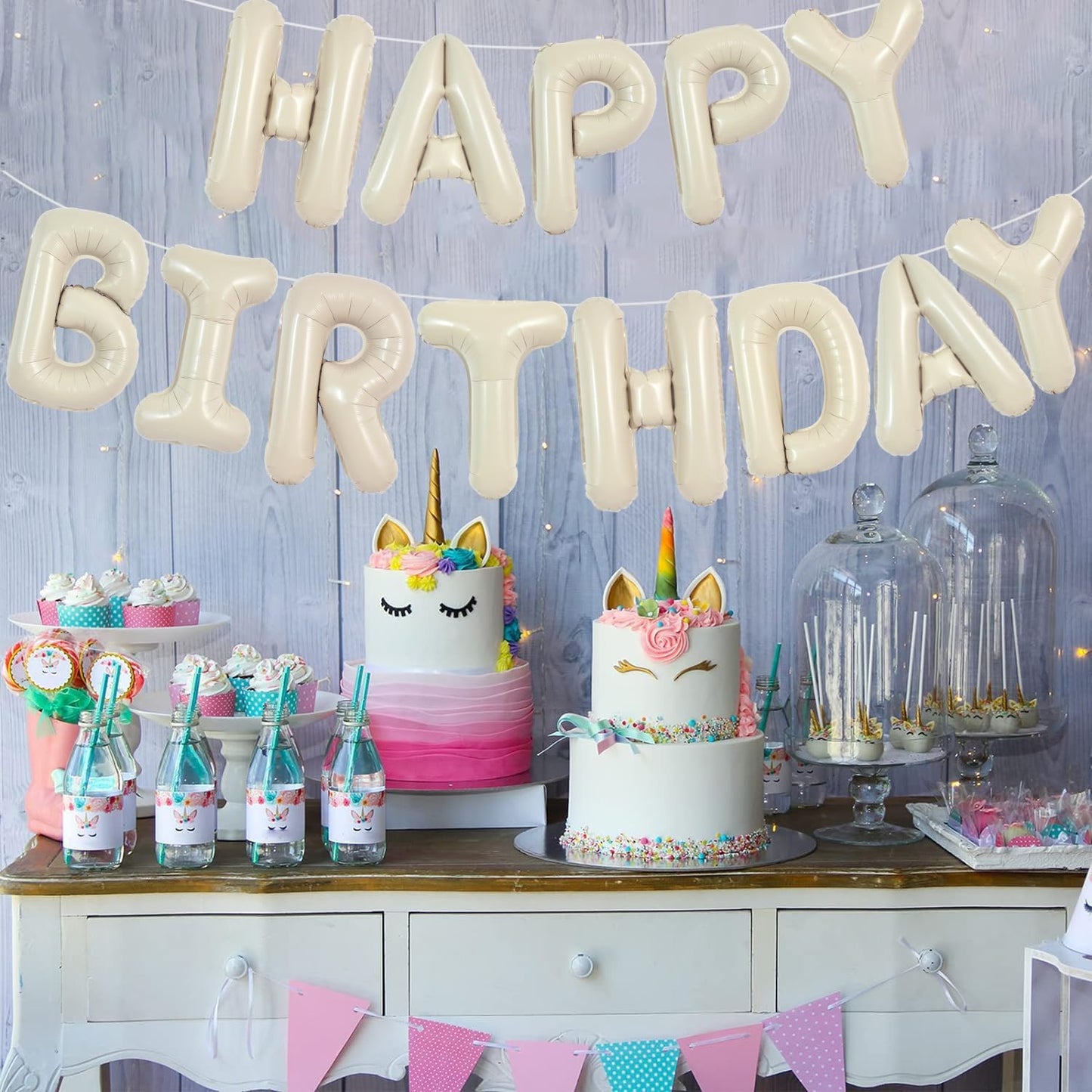 TONIFUL Cream White Happy Birthday Balloons Banner, 16 Inch Mylar Foil Letters Sign Bunting Reusable for Girls Boys Kids & Adults Decorations and Party Supplies