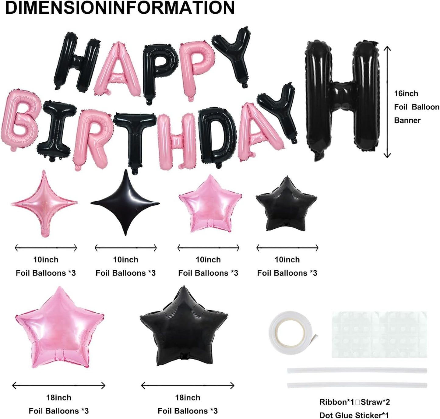 TONIFUL 35PCS Black Pink Happy Birthday Decorations Kit 16 Inch Happy Birthday Balloon Banner with Star Balloons Mylar Foil Birthday Party Decorations Supplies for Men Women Adults Girls Boys Kids