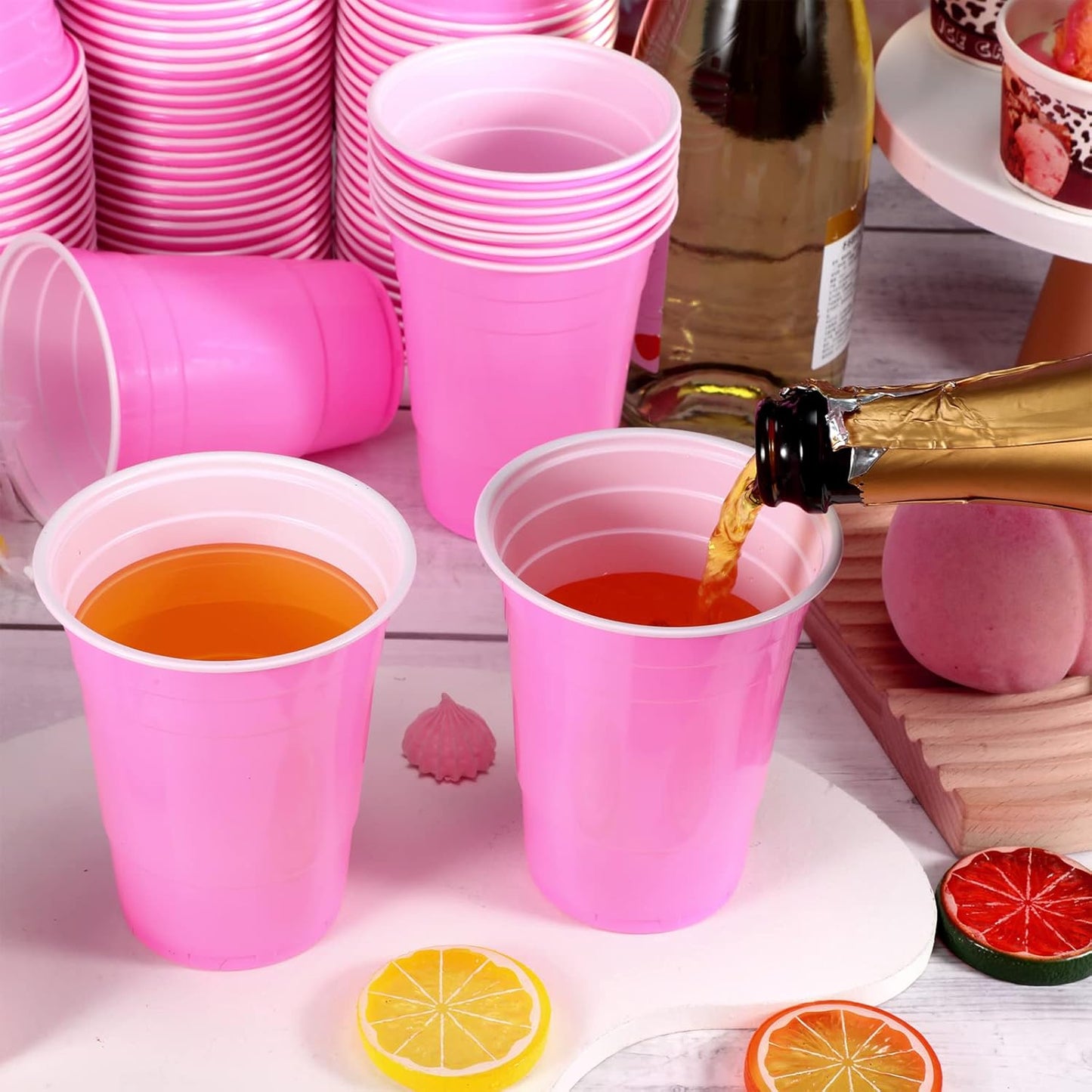 Lounsweer 100 Pack 16 Ounce Christmas Plastic Party Cups Disposable Heavy Duty Drinking Water Cups for Holiday Christmas Festival Wedding New Year Birthday Party Supplies(Pink)