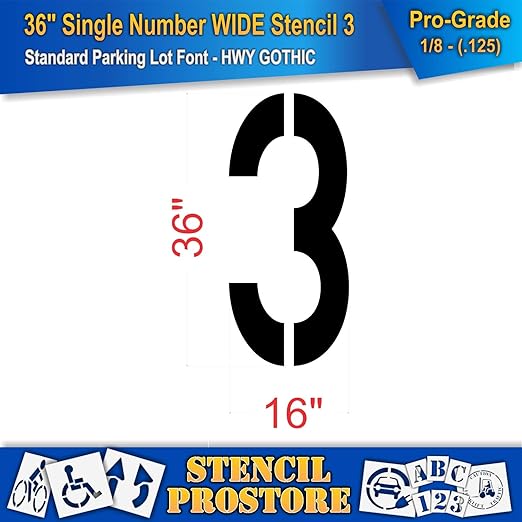 Pavement Stencils - 36 inch Single Number Stencil (Wide) - 3-36" x 16" x 1/8" (128 mil) - Pro-Grade
