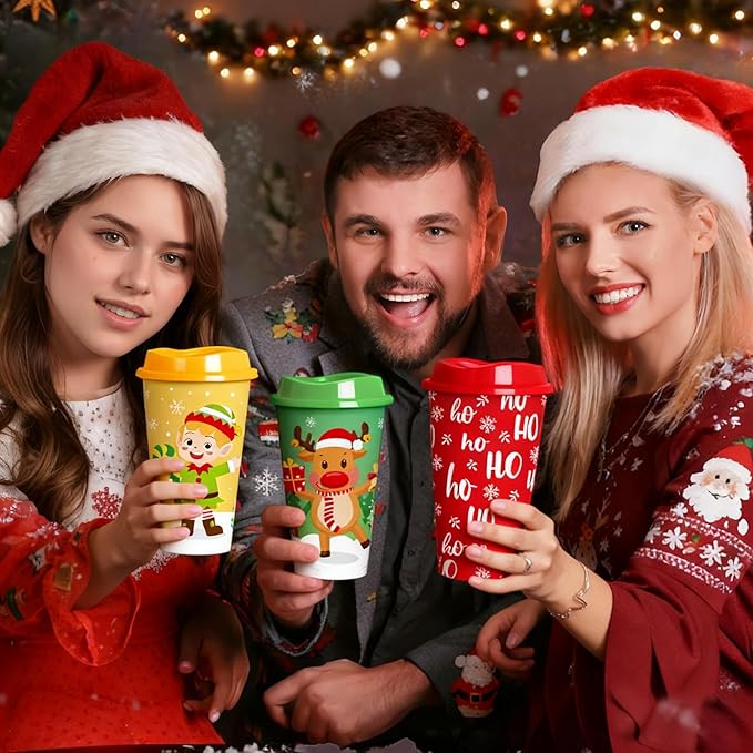 Jansun 6pcs Christmas Color Changing Hot Cups with Lids 16Oz Reusable Plastic Coffee Cups for Party Decorations Winter Christmas Cups for Holiday Birthday Party Favors Supplies
