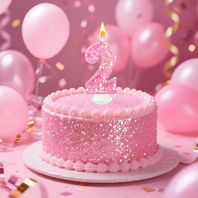 Zailo Birthday Number Candles, Glitter Number Candle Cake Decorations with Sequins, Cupcake Decorations for Girls, Women, Party Anniversary Celebrations (Number 2, Light Pink)