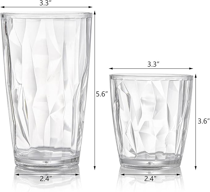 Hedume Set of 8 Plastic Water Tumblers, 4 Pack 17-ounce and 4 Pack 10-ounce Transparent Drinking Glasses, Clear Acrylic Reusable Juice Wine Cups Stackable for Home, Picnic Party