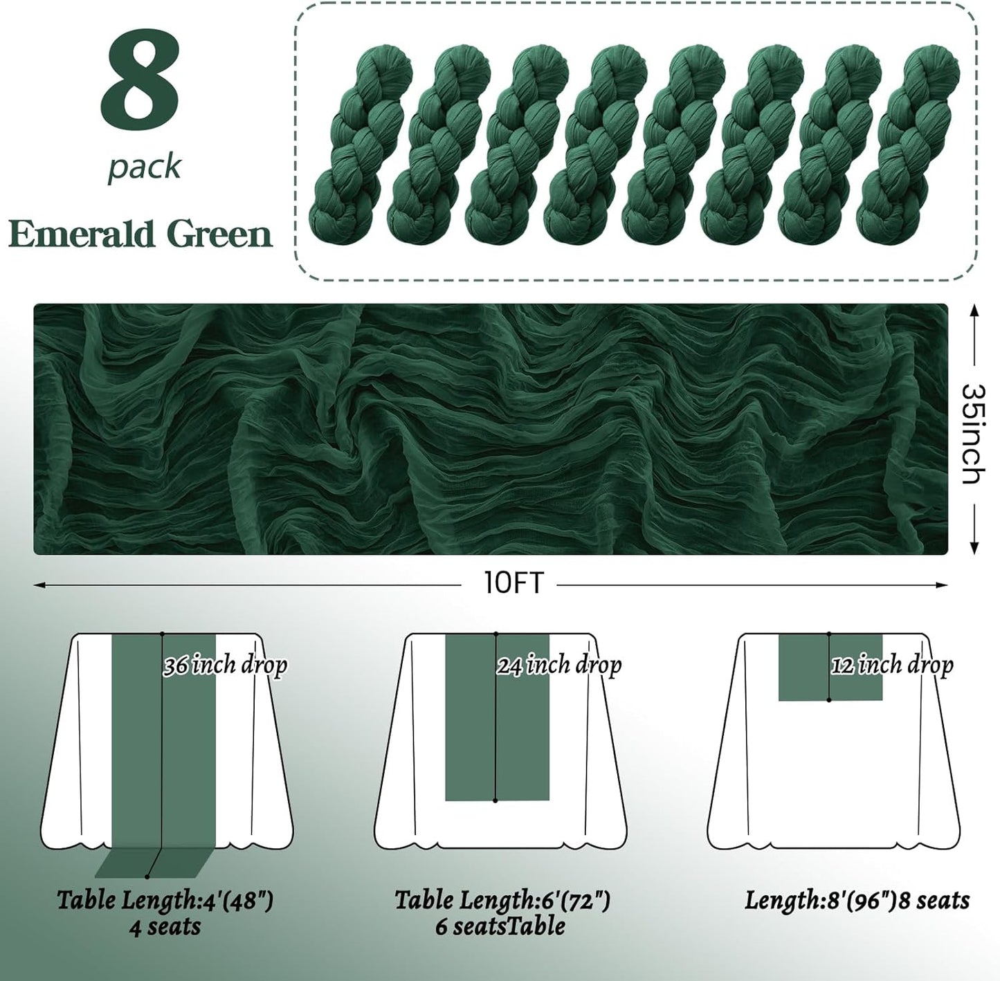 8Pack Emerald Green Table Runner 10FT Cheesecloth Table Runner 35x120Inch Long Boho Cheese Cloth Table Runners Rustic Gauze Table Runners for Party Wedding Bridal Shower Baby Shower Decorations