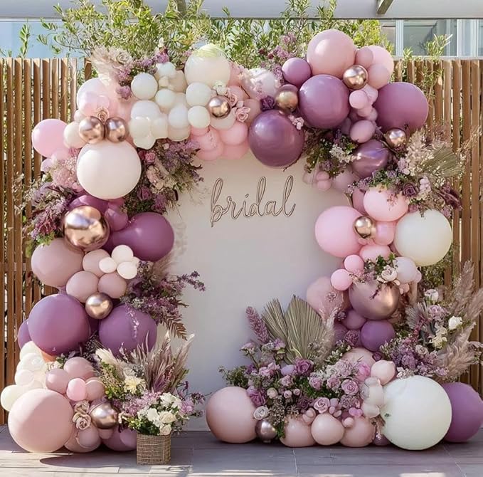 Dusty Purple Pink Balloon Garland Double Stuffed Boho Lavender Sand White Pastel Pink Lilac Gold Balloons Arch Kit for Wedding Birthday Bridal Baby Shower Floral Butterfly Party Decoration