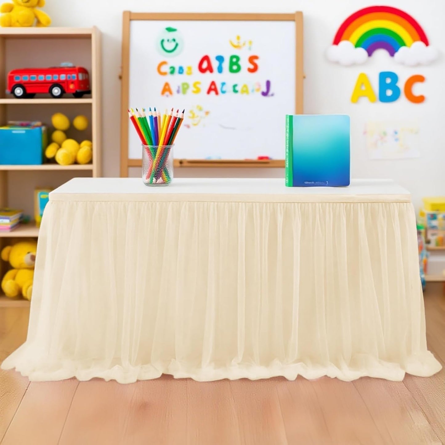 9FT Tulle Table Skirt for Teacher Desk Rectangular Ruffle Table Back to School Supplies for Kindergarten Preschool Middle School Classroom Decor, Champagne
