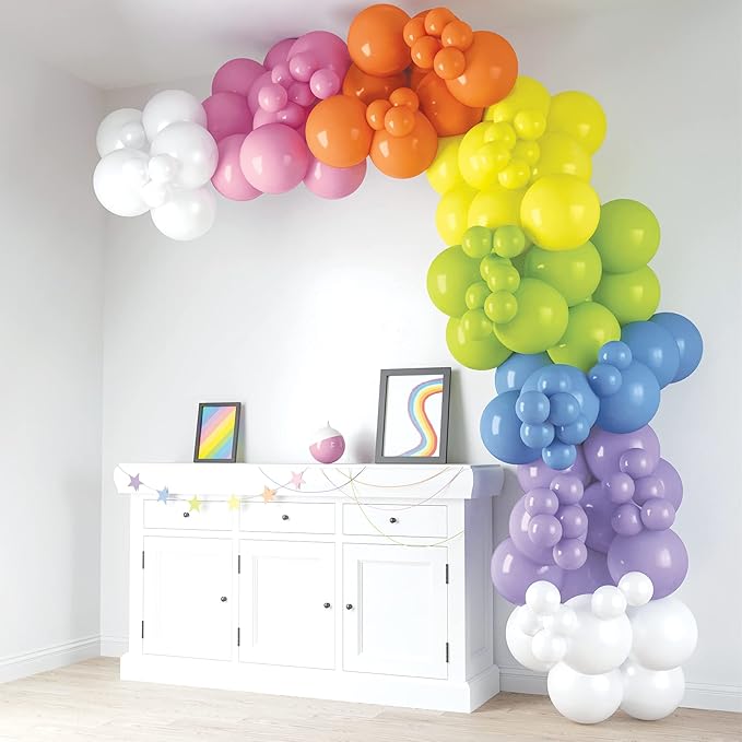 HOUSE OF PARTY Pastel Rainbow Balloons-140 Pcs, Pastel Color Balloons | Pastel Balloon Garland with Pink, Yellow, Orange, Green & White Balloons Perfect for valentines Decor & Graduation Party